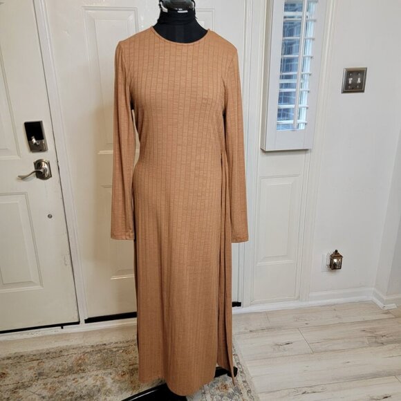 Topshop Tan Ribbed Long Sleeve Midi Dress with Waist Tie | Size 10 - Picture 7 of 12
